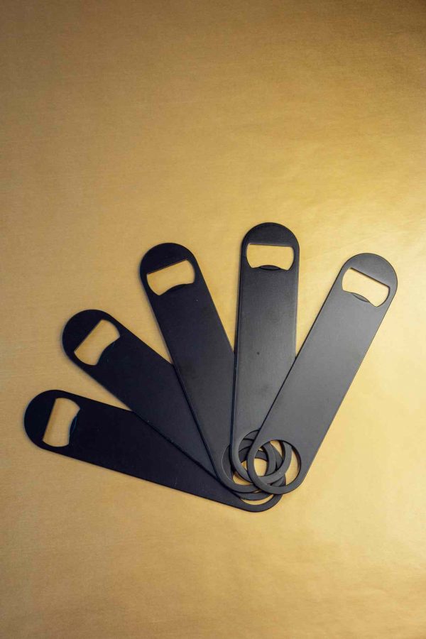Sleek black flat bottle opener for effortless beverage enjoyment, durable and stylish design for easy use.