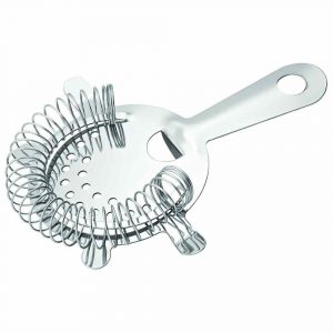 Elegant stainless steel 4-prong cocktail strainer for professional mixology, ideal for home bars and parties.