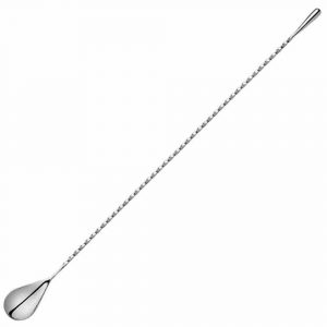 Shiny silver teardrop bar spoon measuring 40cm, perfect for mixing cocktails in style.