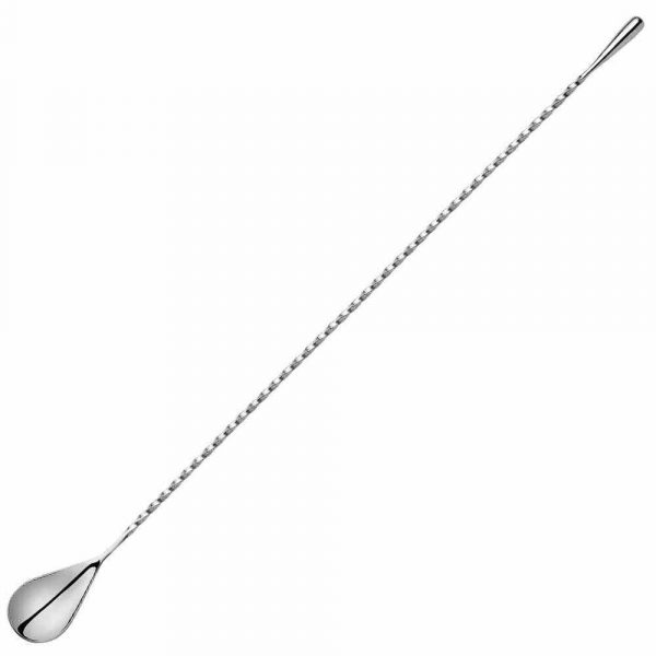 Shiny silver teardrop bar spoon measuring 40cm, perfect for mixing cocktails in style.