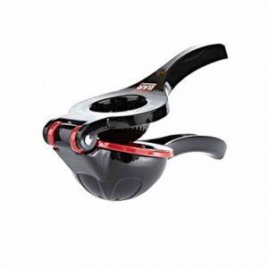 Black and red double citrus juicer, perfect for fresh squeezes. Effortlessly extract every drop with this sleek kitchen essential.