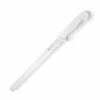 White-handled 25cm serrated knife for precise cutting, ideal for kitchens. High-quality stainless steel blade designed for durability.