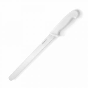 White-handled 25cm serrated knife for precise cutting, ideal for kitchens. High-quality stainless steel blade designed for durability.
