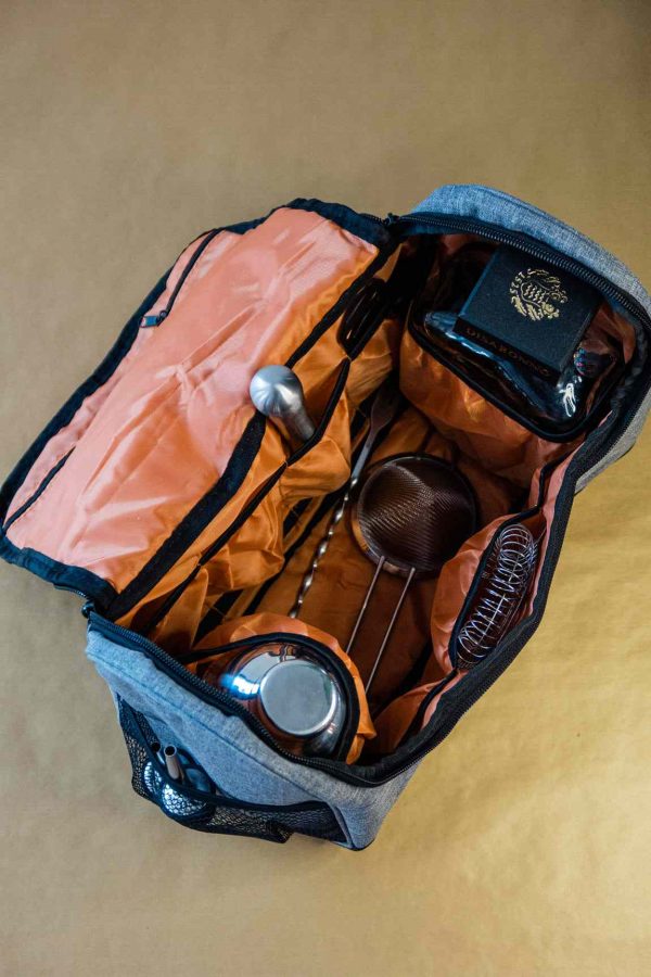 Premium Gray Bartender Tool Bag for mixologists, durable and stylish storage solution for your essential bar tools.