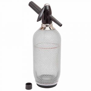 Silver mesh soda siphon 1L, elegant design for sparkling beverages, durable construction, perfect for home or bar use.