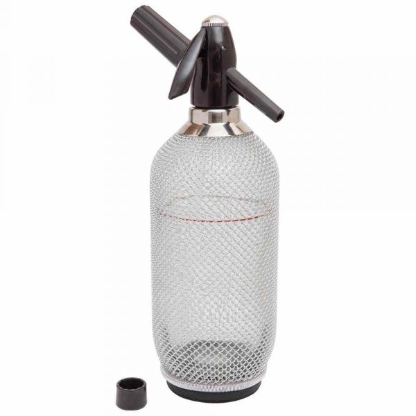 Silver mesh soda siphon 1L, elegant design for sparkling beverages, durable construction, perfect for home or bar use.