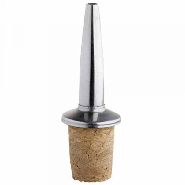 Small spare pourer for dash bottles, crafted from cork and stainless steel - essential bar accessory for easy pouring.